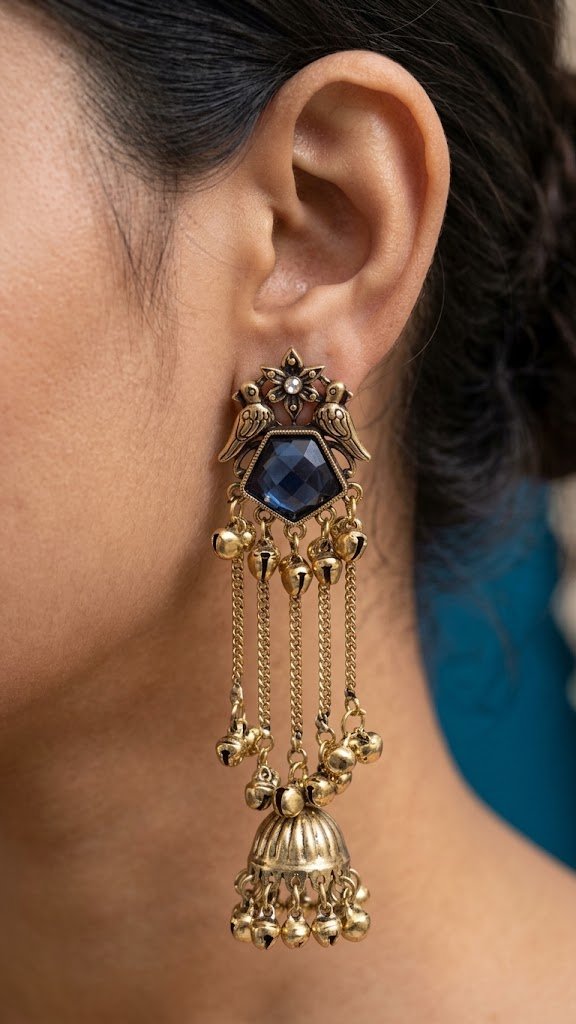 Peacock Designer Navy Blue Stone Oxidised Gold Premium Kashmiri Earrings Peacock Designer Navy Blue Stone Oxidised Gold Premium Kashmiri Earrings