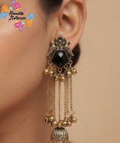 Peacock Designer Black Stone Oxidised Gold Premium Kashmiri Earrings