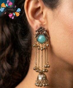 Peacock Designer Sky Blue Stone Oxidised Gold Premium Kashmiri Earrings