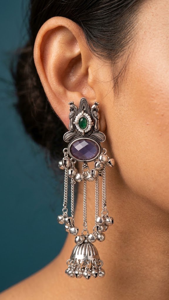 Peacock Designer Lavender And Green Stone With White Pearl Mixed Premium Oxidised Silver Kashmiri Earrings Peacock Designer Lavender And Green Stone With White Pearl Mixed Premium Oxidised Silver Kashmiri Earrings