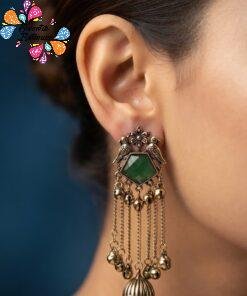 Peacock Designer Green Stone Oxidised Gold Premium Kashmiri Earrings