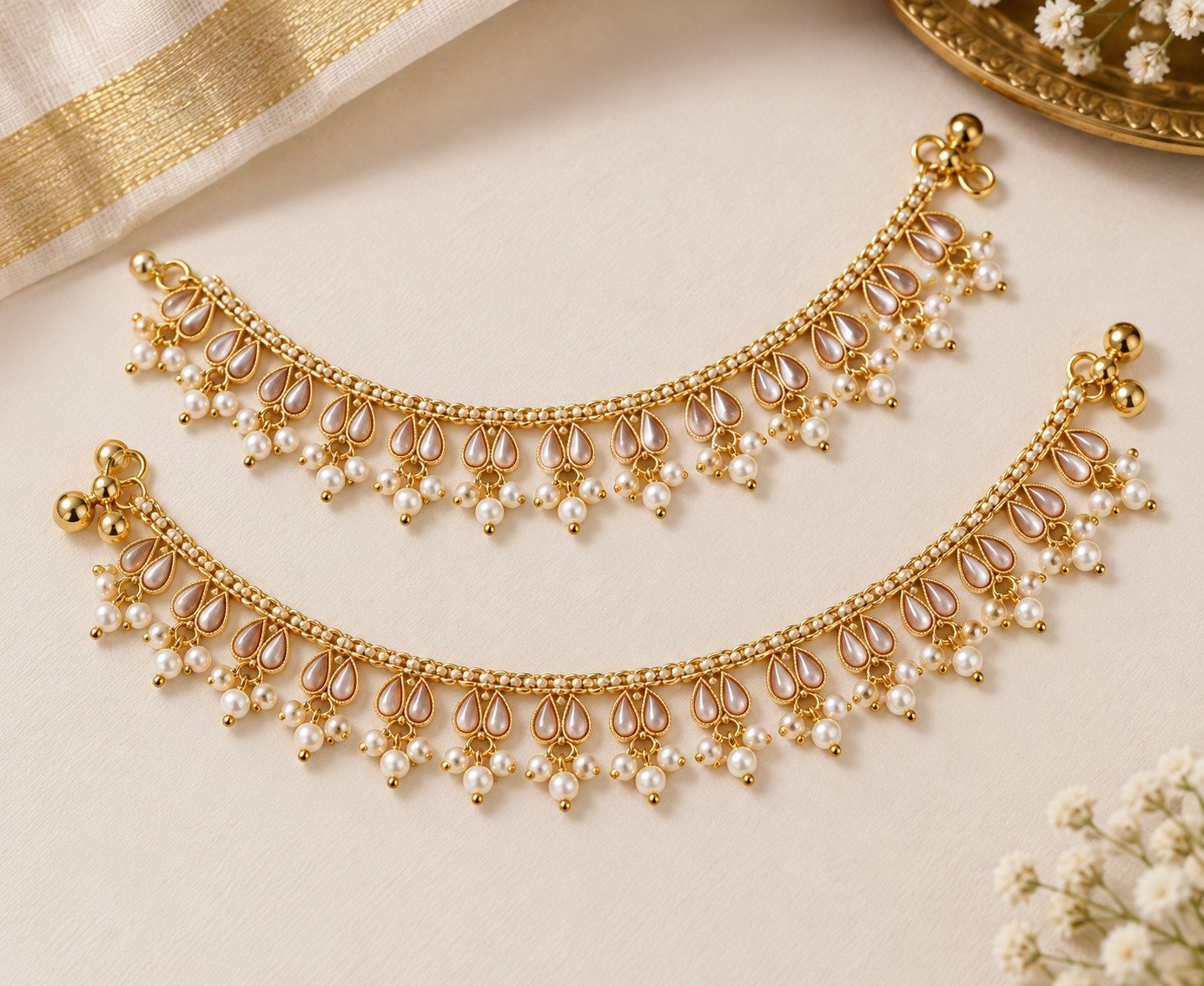 Premium Gold Stone Designer White Pearl Antique Gold Bridal Anklet Premium Gold Stone Designer White Pearl Antique Gold Bridal Anklet - Image 2