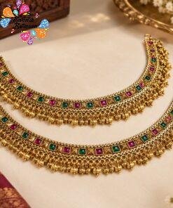 Alternative view of Premium Floral Designer Pink And Green Stone Matte Finished Bridal Anklet