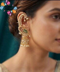 Premium Peacock Designer Green And Pink With White Ad Stone Mixed Matte Finished Ear Cuff Jhumka