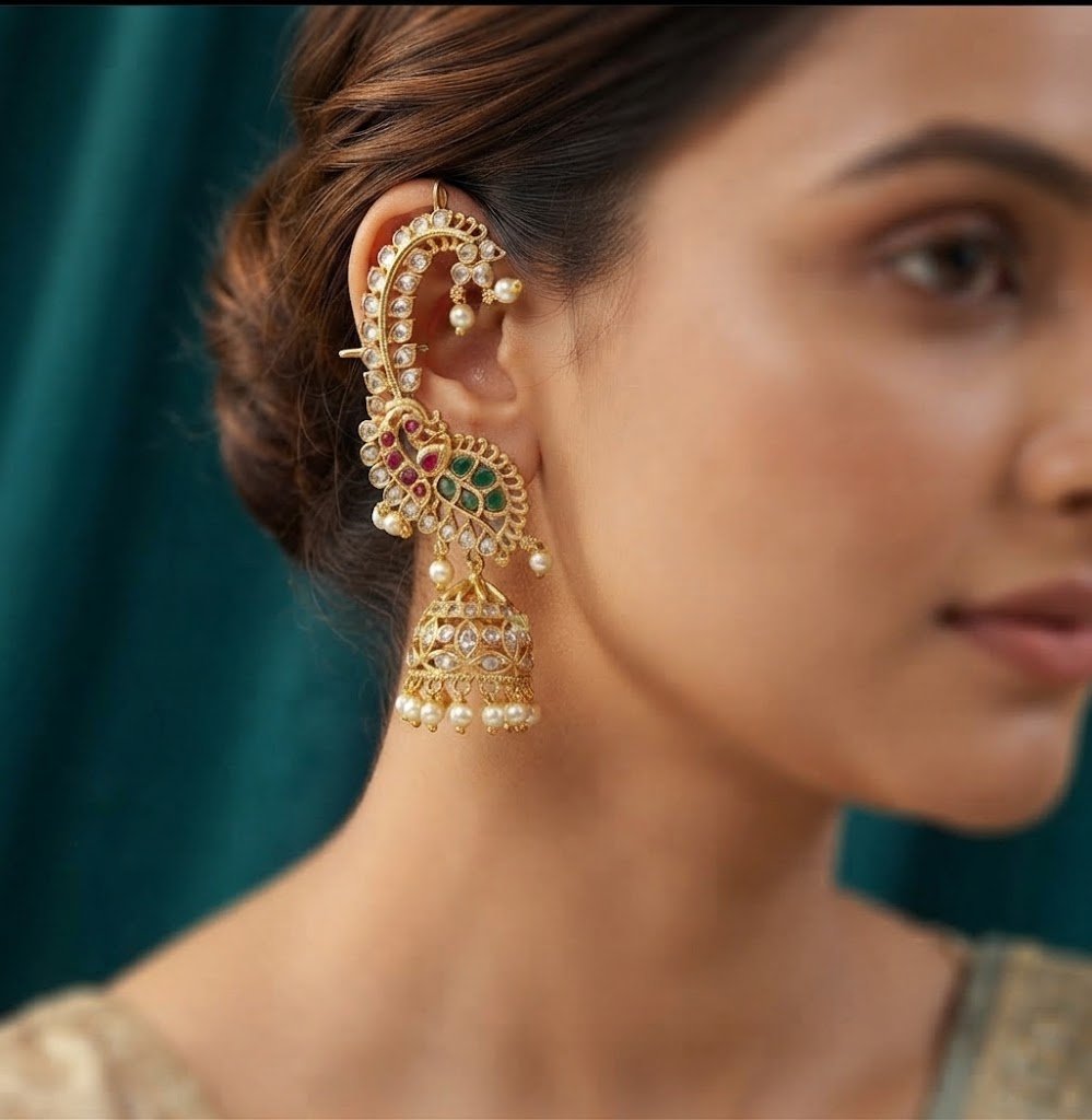 Premium Peacock Designer Green And Pink With White Ad Stone Mixed Matte Finished Ear Cuff Jhumka Premium Peacock Designer Green And Pink With White Ad Stone Mixed Matte Finished Ear Cuff Jhumka