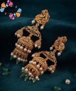 Premium Peacock Designer With White And Light Green Pearl Matte Finished Jhumka Premium Peacock Designer With White And Light Green Pearl Matte Finished Jhumka
