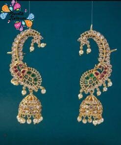 Welcome Swastik Boutiques, Sri Lanka Alternative view of Premium Peacock Designer Green And Pink With White Ad Stone Mixed Matte Finished Ear Cuff Jhumka