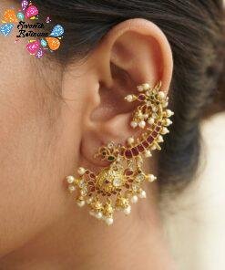 Premium Peacock Designer White Pearl Green And Pink Ad Stone Mixed Matte Finished Ear Cuff Earrings