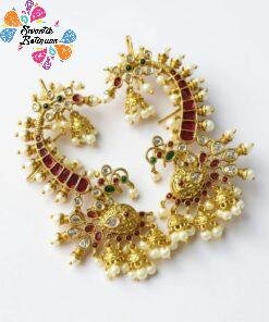 Alternative view of Premium Peacock Designer White Pearl Green And Pink  Ad Stone Mixed Matte Finished Ear Cuff Earrings