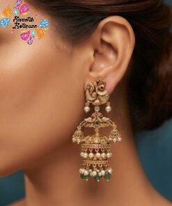 Premium Peacock Designer With White And Light Green Pearl Matte Finished Jhumka