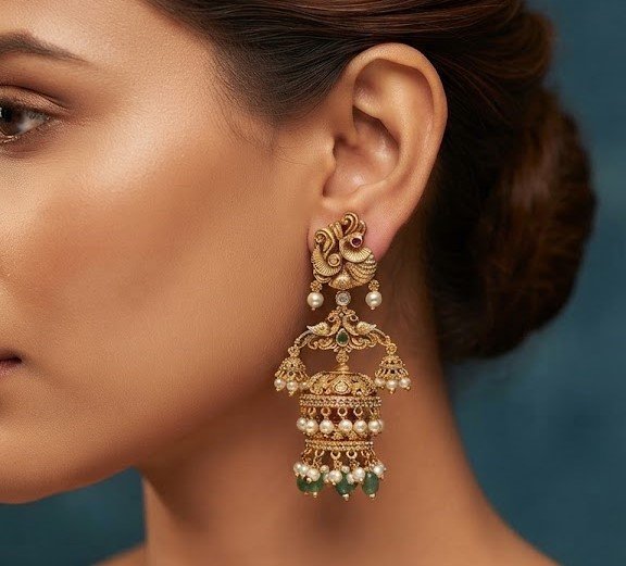 Premium Peacock Designer With White And Light Green Pearl Matte Finished Jhumka Premium Peacock Designer With White And Light Green Pearl Matte Finished Jhumka