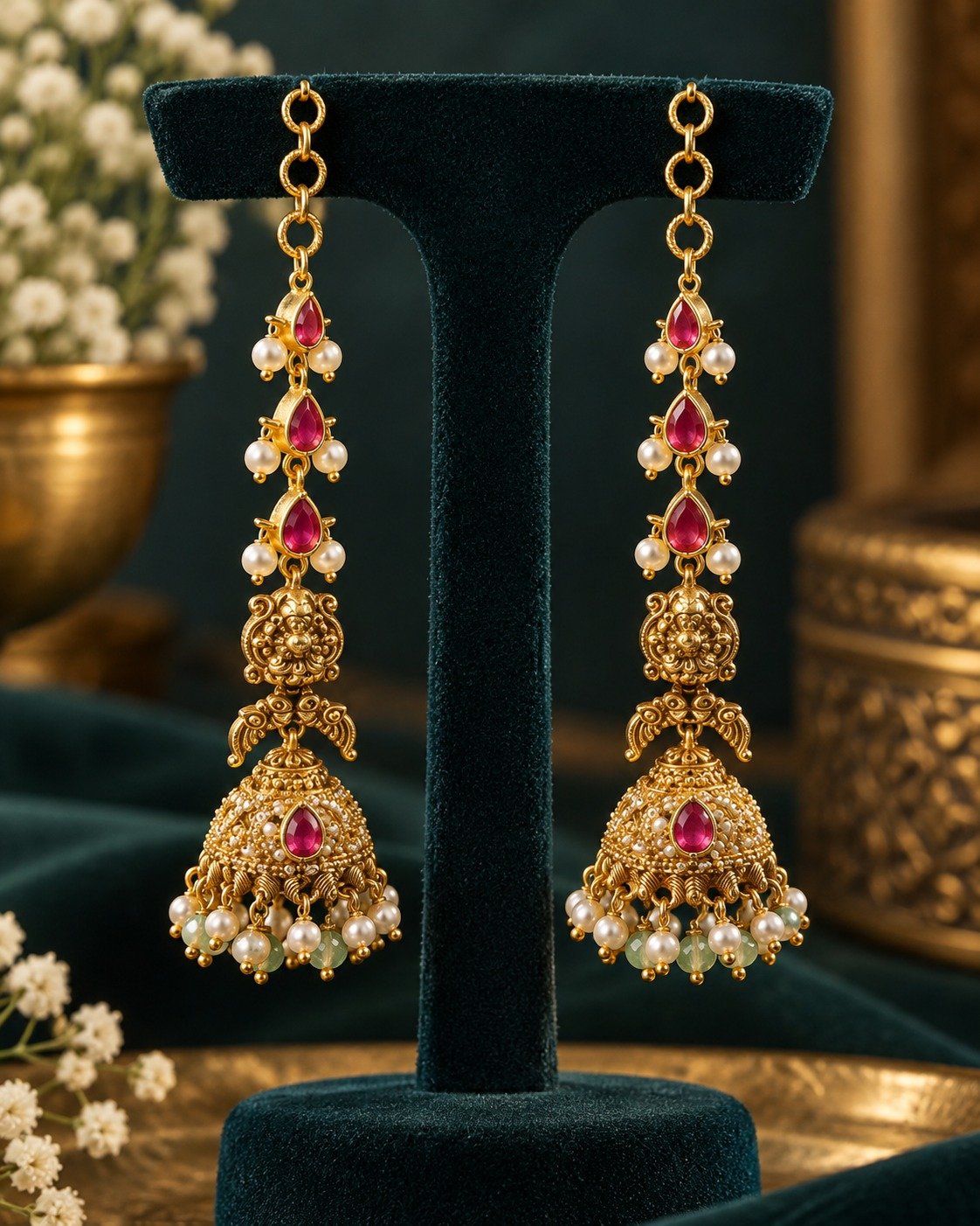 Premium Lakshmi Designer With White And Green Pearl Matte Finished Jhumka Premium Lakshmi Designer With White And Green Pearl Matte Finished Jhumka