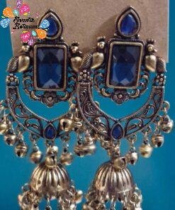 Alternative view of Floral Designer Blue Stone Oxidised Gold Earrings