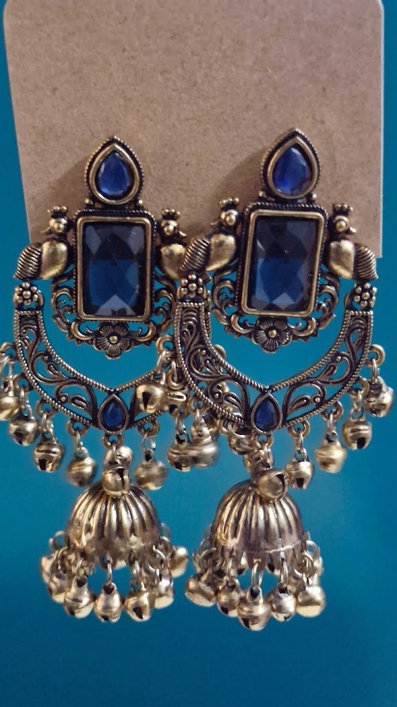 Floral Designer Blue Stone Oxidised Gold Earrings Floral Designer Blue Stone Oxidised Gold Earrings - Image 2