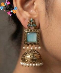 Premium Floral Designer Greyish Blue Stone With White Pearl Oxidised Gold Jhumkha