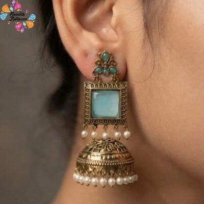 Premium Floral Designer Greyish Blue Stone With White Pearl Oxidised Gold Jhumkha
