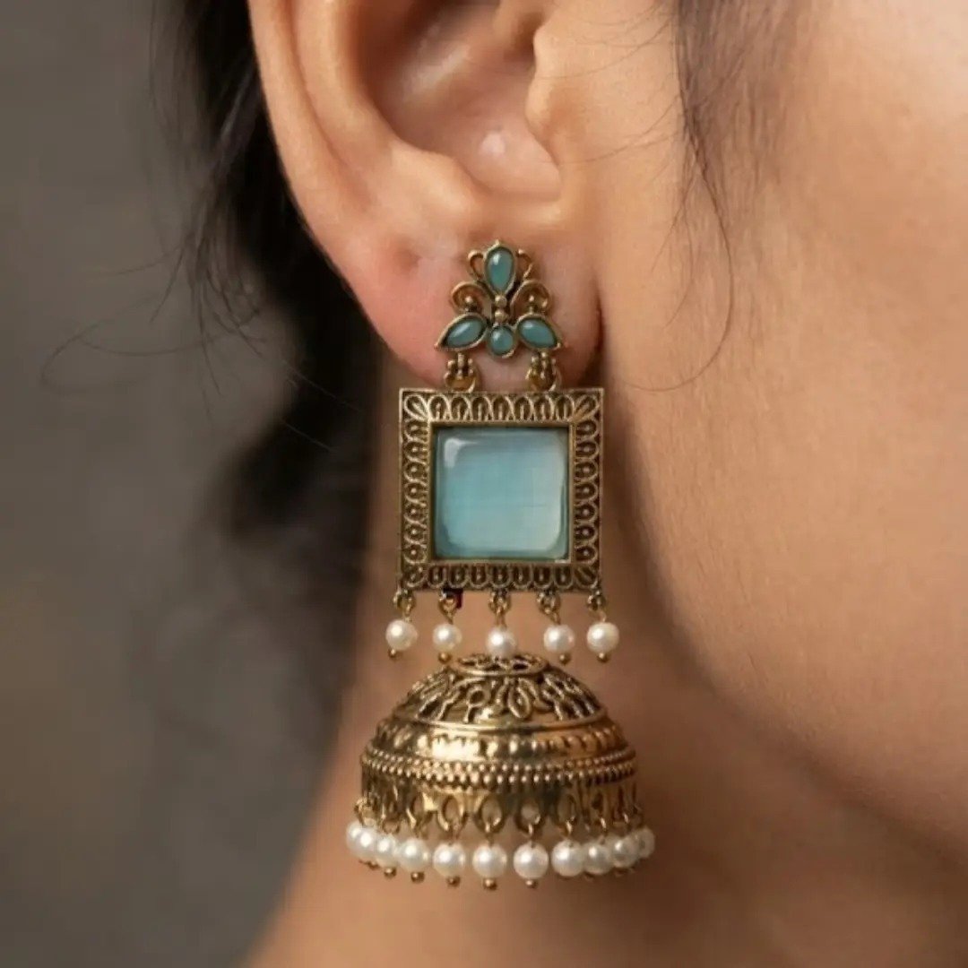 Premium Floral Designer Greyish Blue Stone With White Pearl Oxidised Gold Jhumkha Premium Floral Designer Greyish Blue Stone With White Pearl Oxidised Gold Jhumkha