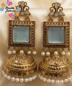 Premium Floral Designer Greyish Blue Stone With White Pearl Oxidised Gold Jhumkha Premium Floral Designer Greyish Blue Stone With White Pearl Oxidised Gold Jhumkha