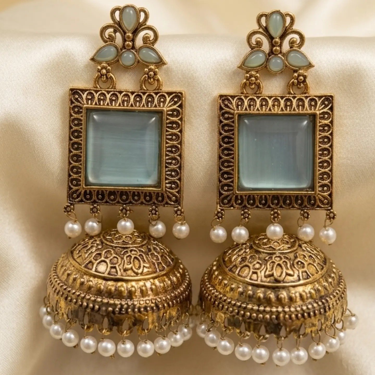 Premium Floral Designer Greyish Blue Stone With White Pearl Oxidised Gold Jhumkha Premium Floral Designer Greyish Blue Stone With White Pearl Oxidised Gold Jhumkha - Image 2