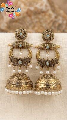Premium Lotus Designer Ash Grey Stone With White Pearl  Oxidised Gold Jhumkha