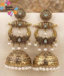 Premium Lotus Designer Ash Grey Stone With White Pearl Oxidised Gold Jhumkha