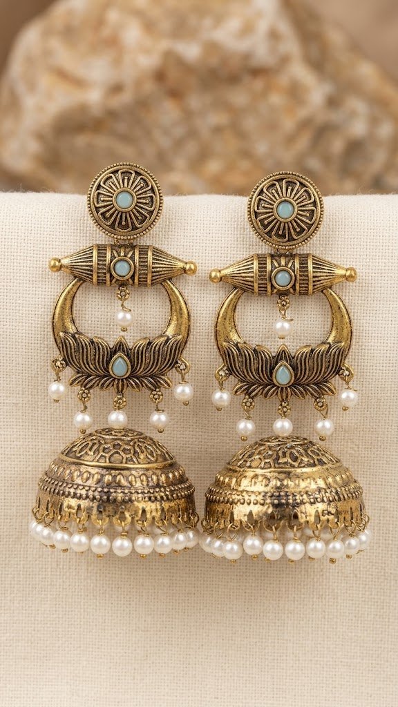 Premium Lotus Designer Ash Grey Stone With White Pearl Oxidised Gold Jhumkha Premium Lotus Designer Ash Grey Stone With White Pearl Oxidised Gold Jhumkha