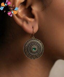 Green Stone Floral Designer Oxidised Gold Earrings