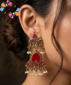 Premium Elephant Designer Red Stone With White Pearl Oxidised Gold Earrings
