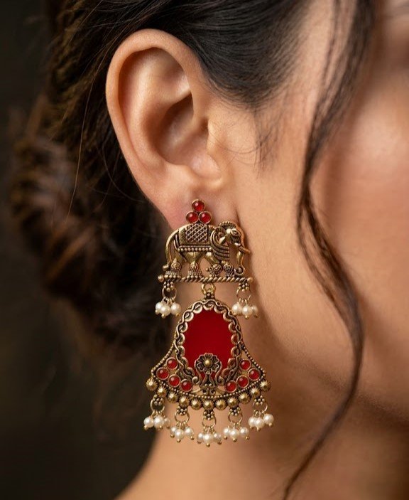 Premium Elephant Designer Red Stone With White Pearl Oxidised Gold Earrings Premium Elephant Designer Red Stone With White Pearl Oxidised Gold Earrings
