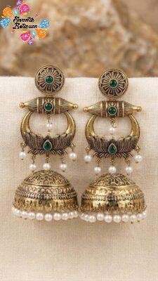 Premium Lotus Designer Green Stone With White Pearl Oxidised Gold Jhumkha
