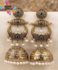 Premium Lotus Designer Green Stone With White Pearl Oxidised Gold Jhumkha