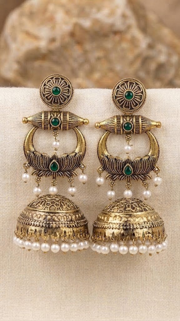 Premium Lotus Designer Green Stone With White Pearl Oxidised Gold Jhumkha Premium Lotus Designer Green Stone With White Pearl Oxidised Gold Jhumkha