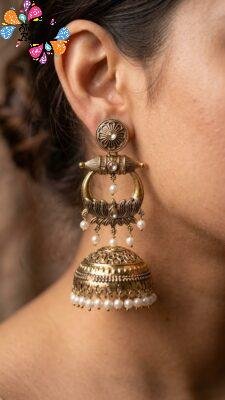 Premium Lotus Designer Gold Stone With White Pearl Oxidised Gold Jhumkha