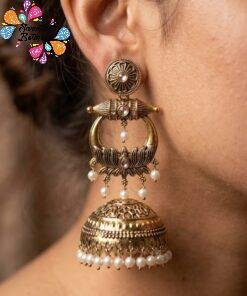 Premium Lotus Designer Gold Stone With White Pearl Oxidised Gold Jhumkha