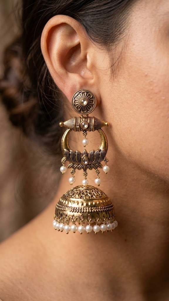 Premium Lotus Designer Gold Stone With White Pearl Oxidised Gold Jhumkha Premium Lotus Designer Gold Stone With White Pearl Oxidised Gold Jhumkha