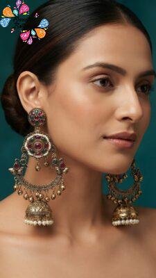 Premium Flower Designer Purple And Green Stone Mixed Oxidised Gold Kashmir Jhumka