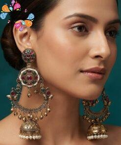 Premium Flower Designer Purple And Green Stone Mixed Oxidised Gold Kashmir Jhumka