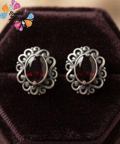 Floral Designer Red Stone With Stud Type Oxidised Silver Earrings