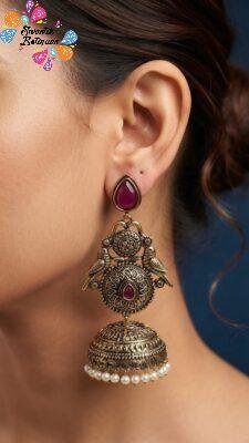 Premium Bird Designer Plum Purple Stone With White Pearl Oxidised Gold Jhumka