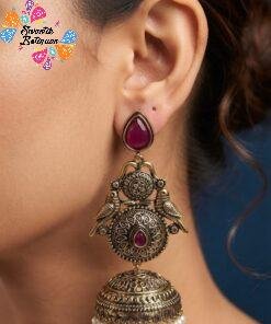 Premium Bird Designer Plum Purple Stone With White Pearl Oxidised Gold Jhumka