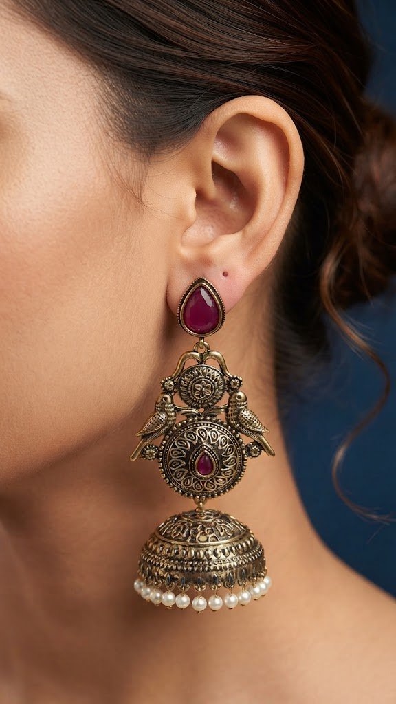Premium Bird Designer Plum Purple Stone With White Pearl Oxidised Gold Jhumka Premium Bird Designer Plum Purple Stone With White Pearl Oxidised Gold Jhumka