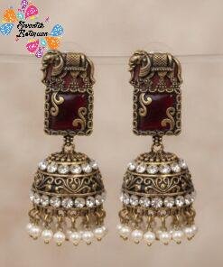 Welcome Swastik Boutiques, Sri Lanka Alternative view of Premium Elephant Designer Red And White Stone With White Pearl Oxidised Gold Jhumka