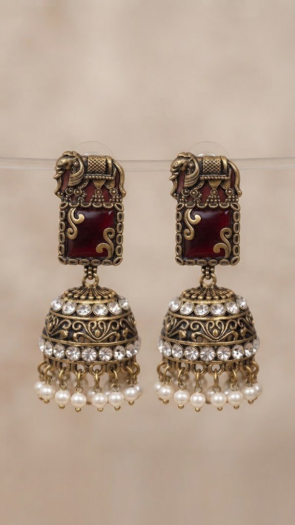 Premium Elephant Designer Red And White Stone With White Pearl Oxidised Gold Jhumka Premium Elephant Designer Red And White Stone With White Pearl Oxidised Gold Jhumka - Image 2