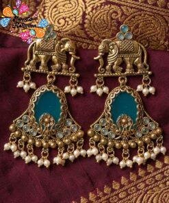 Premium Elephant Designer Blue Stone With White Pearl Oxidised Gold Earrings Premium Elephant Designer Blue Stone With White Pearl Oxidised Gold Earrings