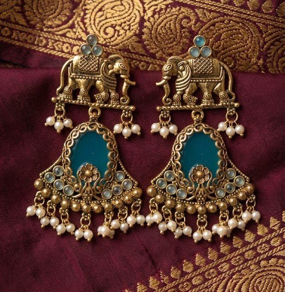 Premium Elephant Designer Blue Stone With White Pearl Oxidised Gold Earrings Premium Elephant Designer Blue Stone With White Pearl Oxidised Gold Earrings - Image 2