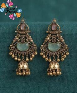 Floral Designer Pink With Blue Stone Oxidised Gold Earrings