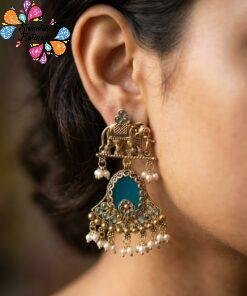 Premium Elephant Designer Blue Stone With White Pearl Oxidised Gold Earrings