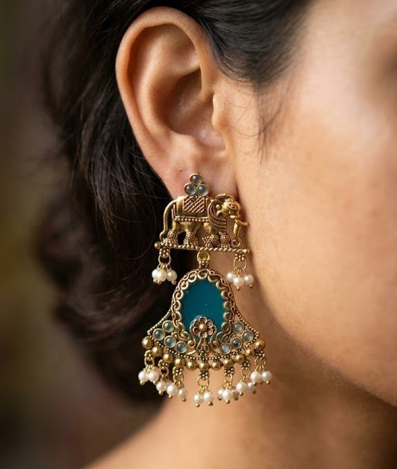 Premium Elephant Designer Blue Stone With White Pearl Oxidised Gold Earrings Premium Elephant Designer Blue Stone With White Pearl Oxidised Gold Earrings