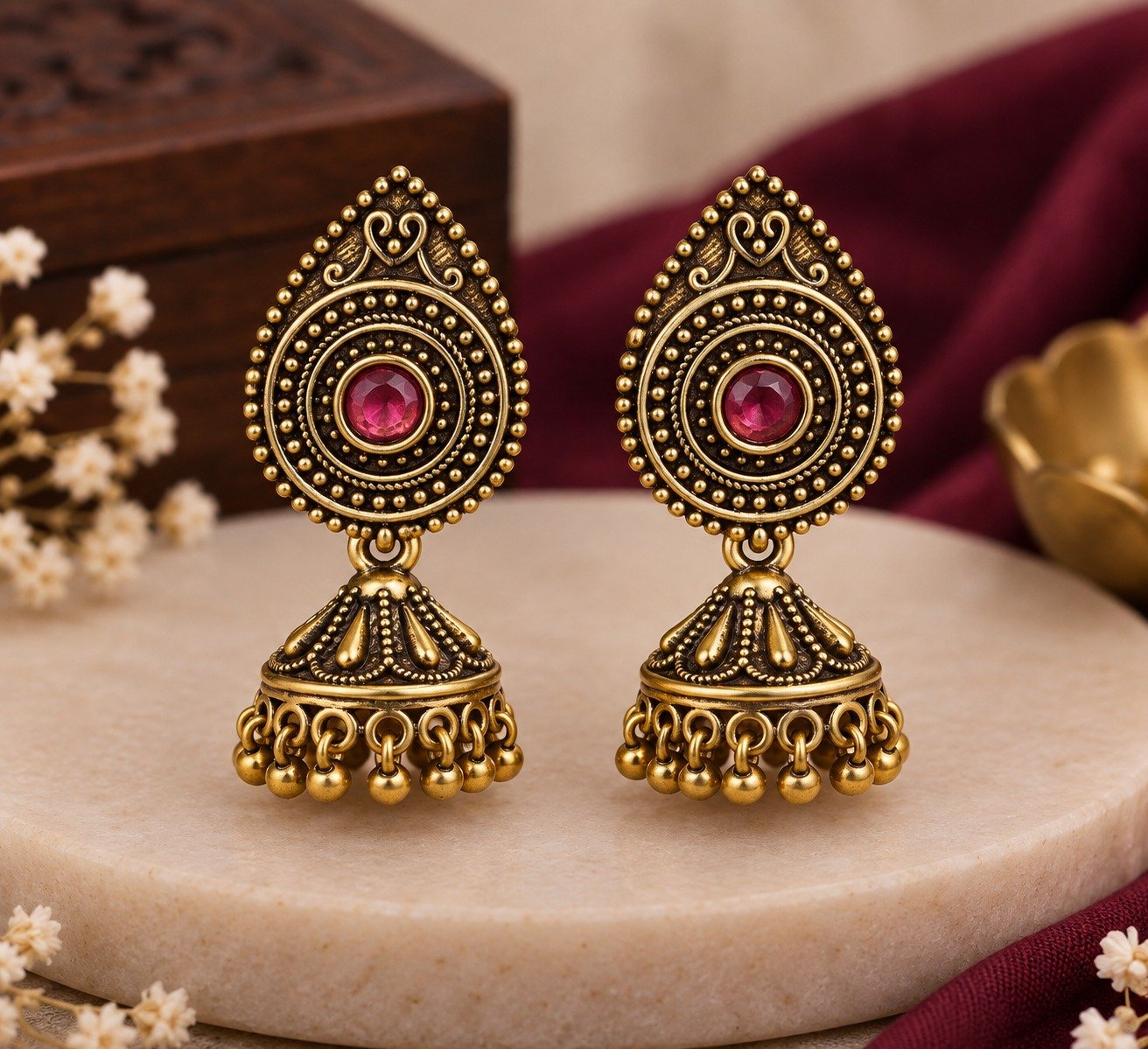 Floral Designer Pink Stone Oxidised Gold Jhumkha Floral Designer Pink Stone Oxidised Gold Jhumkha