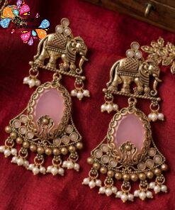 Premium Elephant Designer Rose Pink Stone With White Pearl Oxidised Gold Earrings